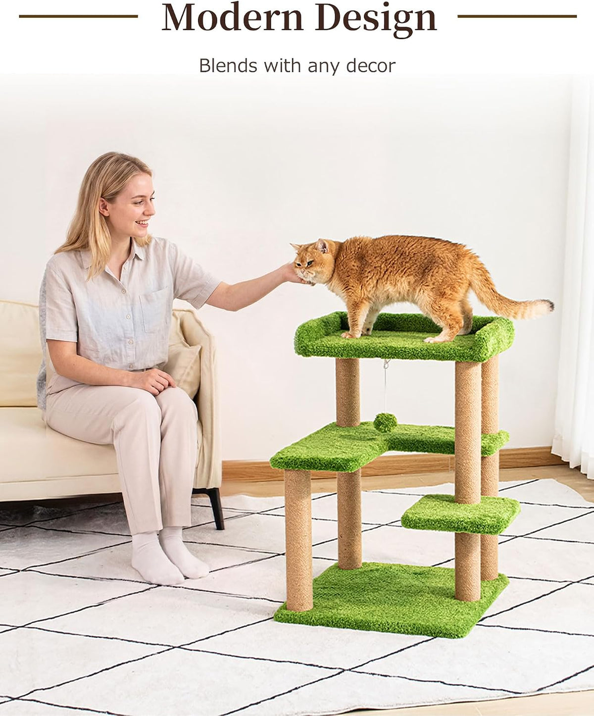 Cat Tree for Indoor Large Cat, 30'' Senior Friendly Modern Small Cat Tower with Wide Perch, Low Step, Cotton Scratching Posts, Sturdy Base, Cozy Perches, Interactive Toys(Green Pile Fabric)