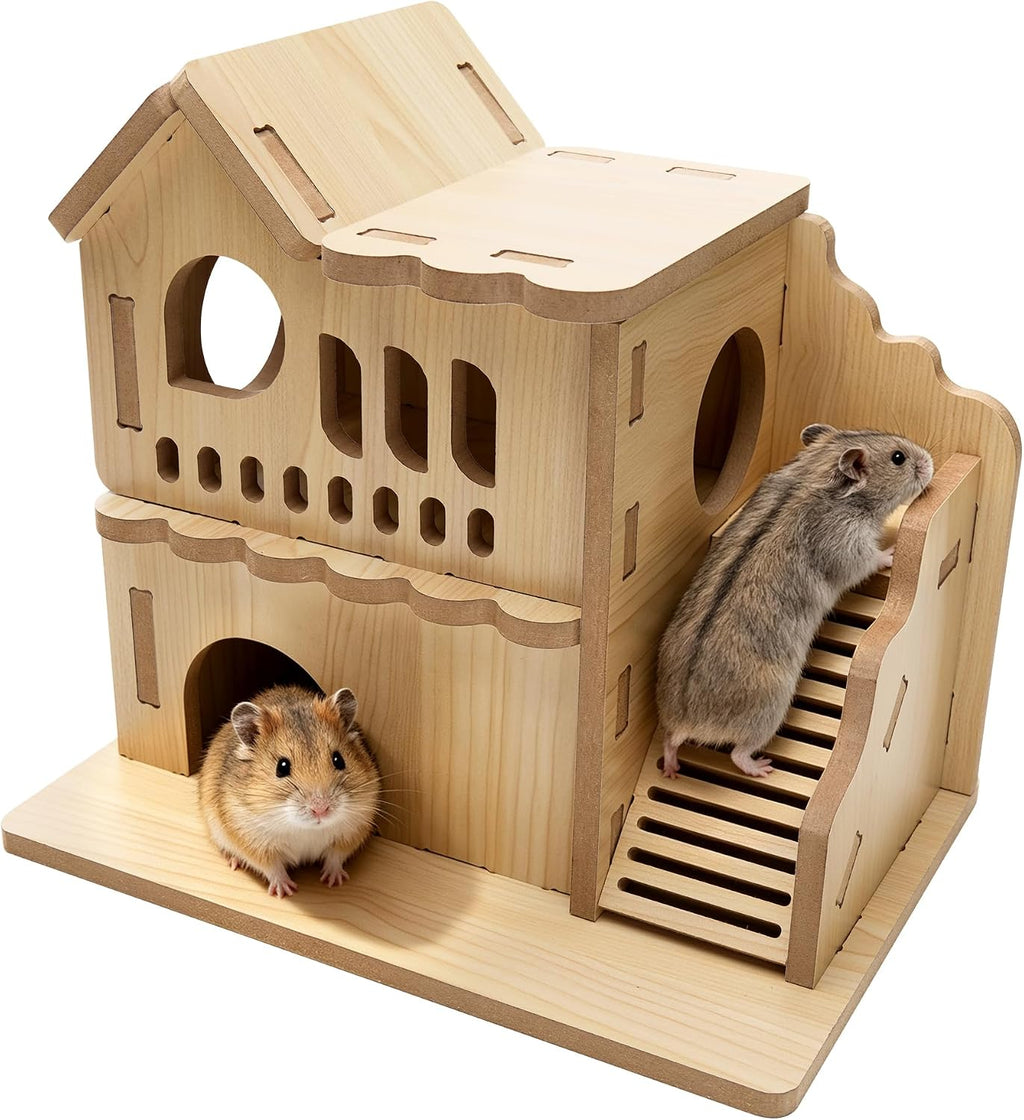 COZIWOW Double-Decker Hamster Hideout Wooden Hamster House with Ladder