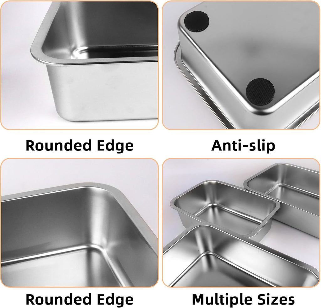 3 Pcs Stainless Steel Rabbit Litter Box with Scoop & Non-Slip Feet Mats, Easy Clean Metal Pan for Rabbits Cats Small Animal, No Smell, Non Stick, 4In Low Entry (L+M+S)