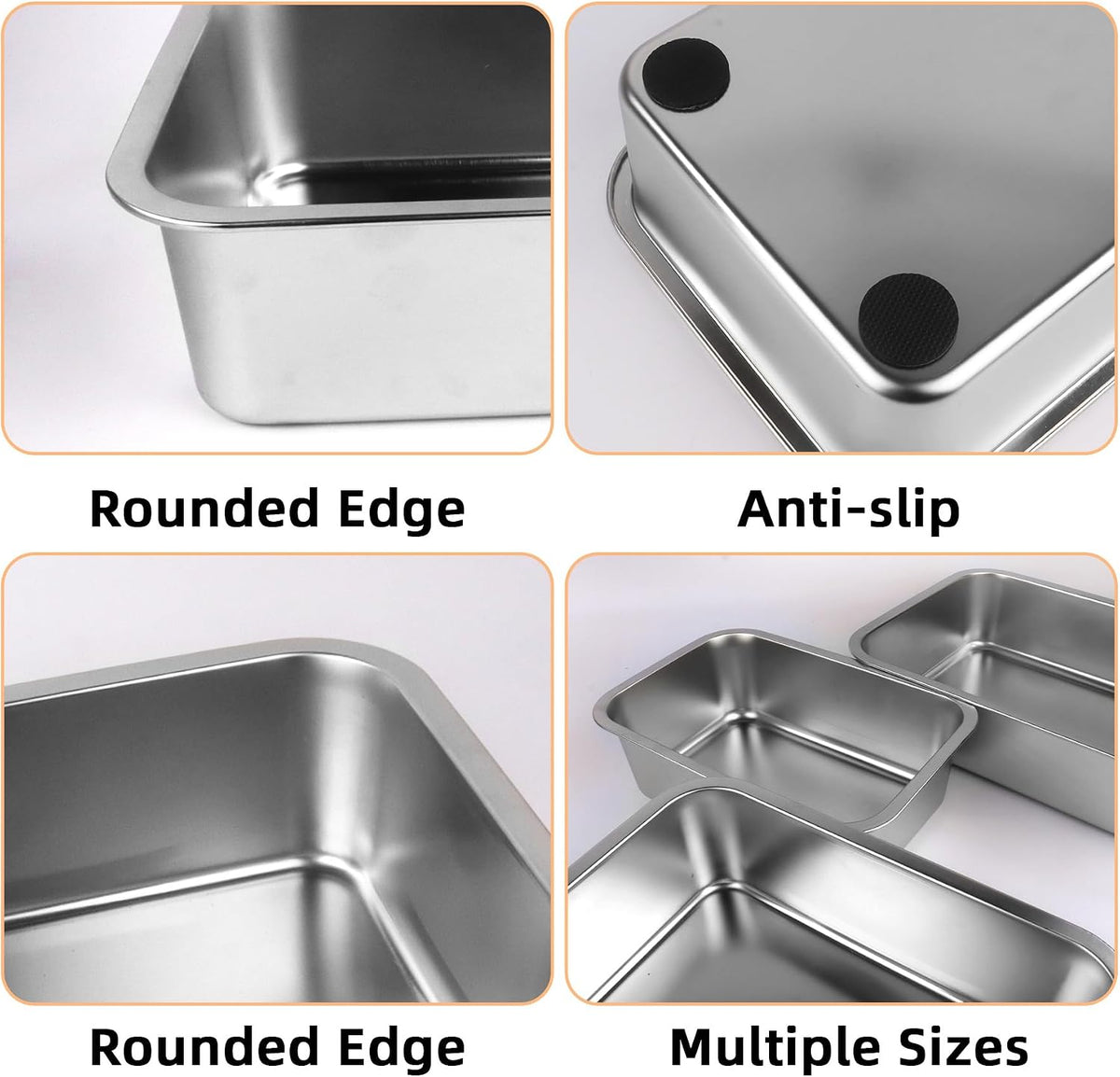 3 Pcs Stainless Steel Rabbit Litter Box with Scoop & Non-Slip Feet Mats, Easy Clean Metal Pan for Rabbits Cats Small Animal, No Smell, Non Stick, 4In Low Entry (L+M+S)
