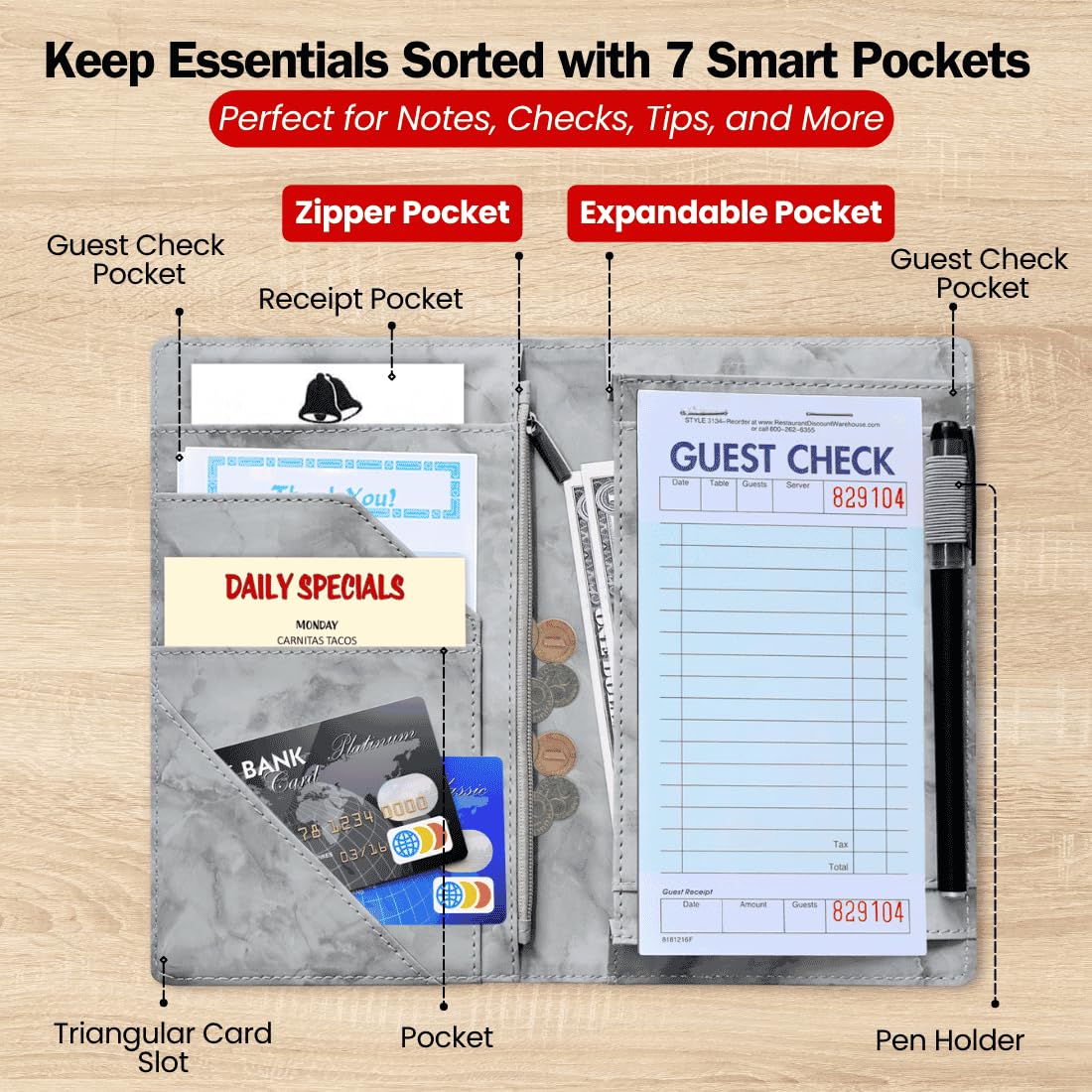 LINTRU 5x8 Server Book, 7 Pocket Zipper Organizer, Fits Apron, Marble Grey