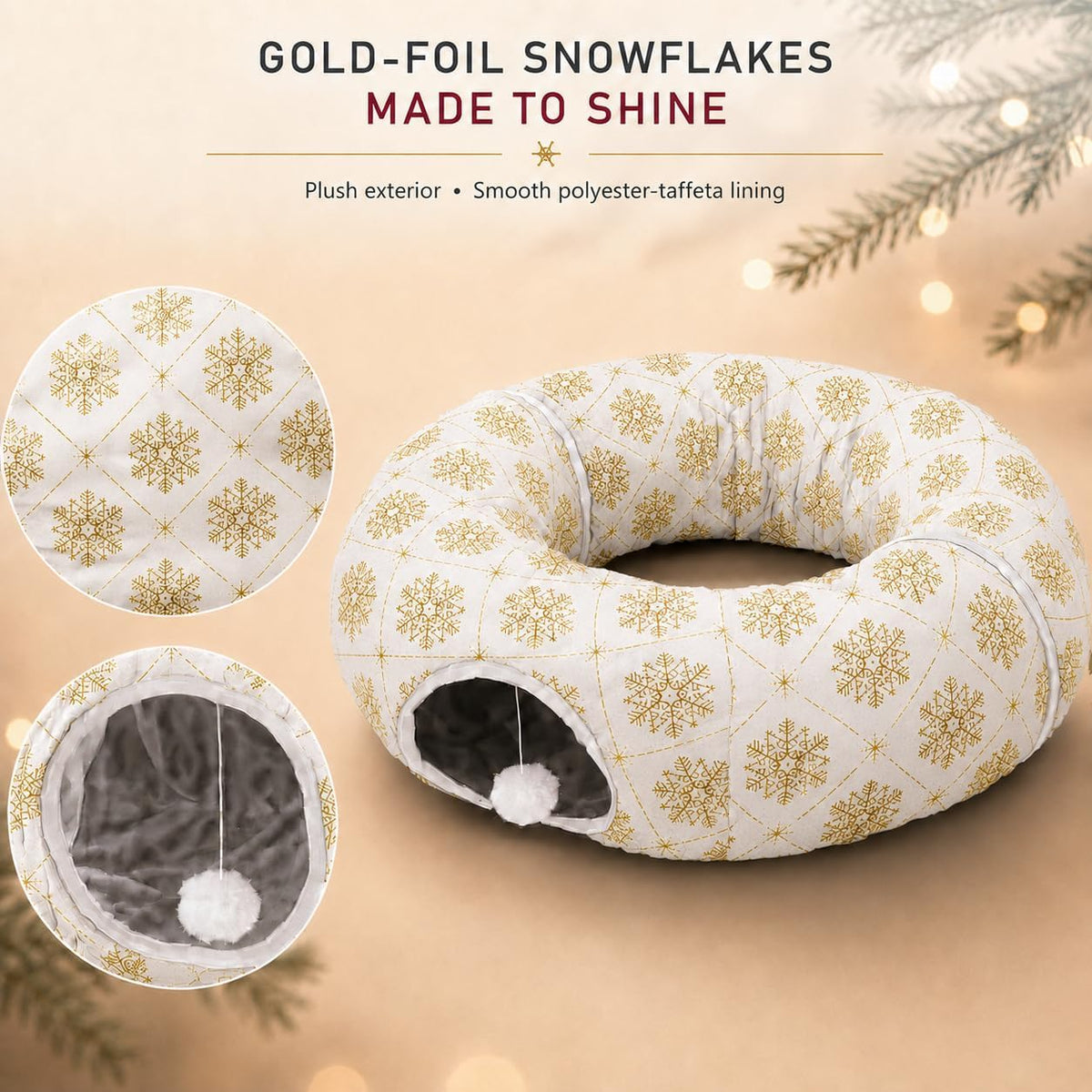 Plush Cat Tunnel Bed, Snowflake Pattern, White