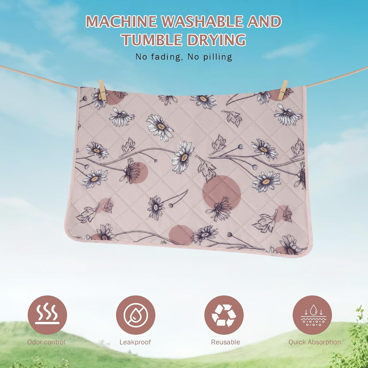 IEUUMLER Washable Pee Pads for Dogs, 2 Pack Non-Slip & Waterproof Pack Whelping Pad, Reusable Washable Puppy Potty Training Pad with Fast Absorbent for Playpen EU007 (Pink Daisy, 36"X24"-2pcs)