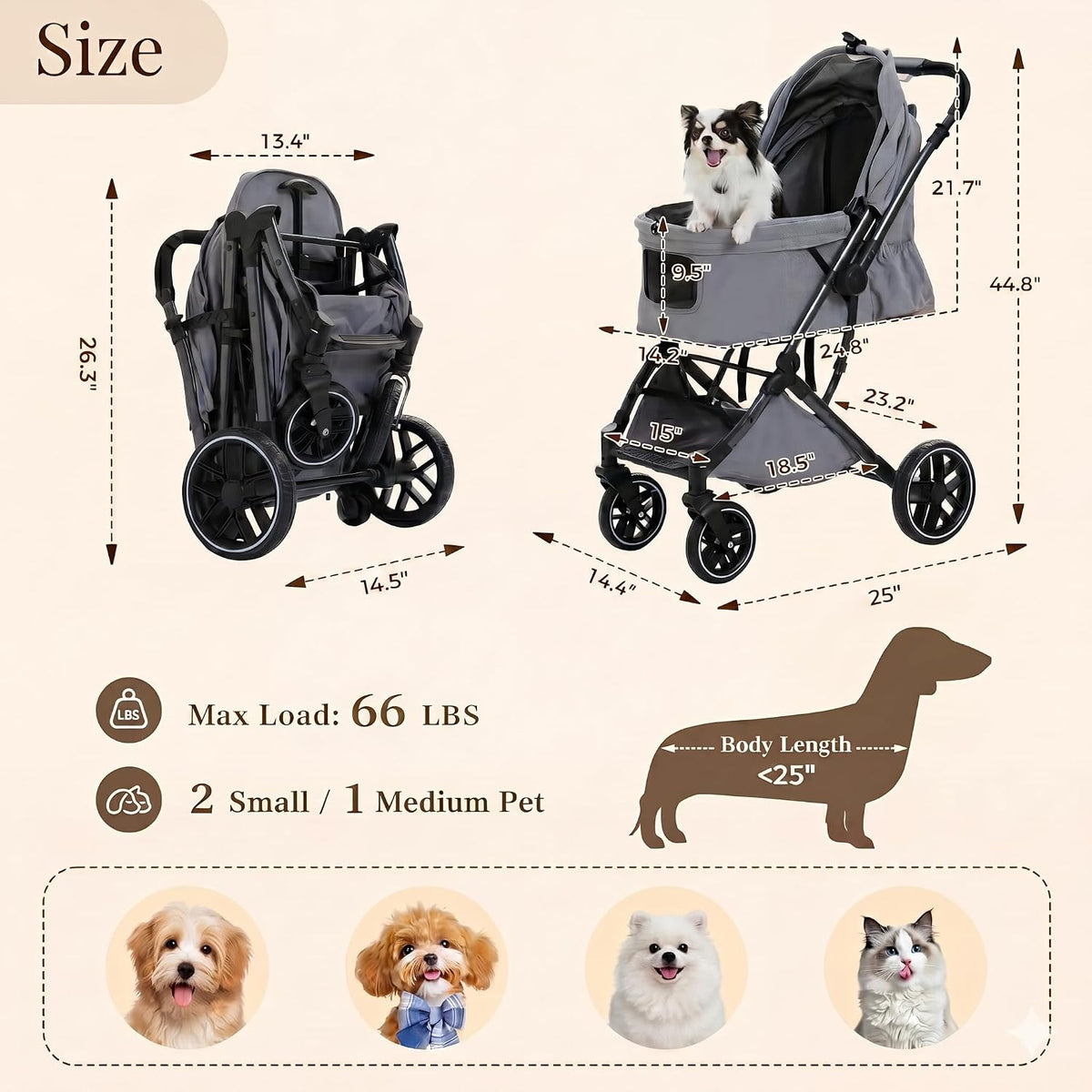 MUTTROS Pet Stroller for Dogs & Cats, 66lbs, Gray