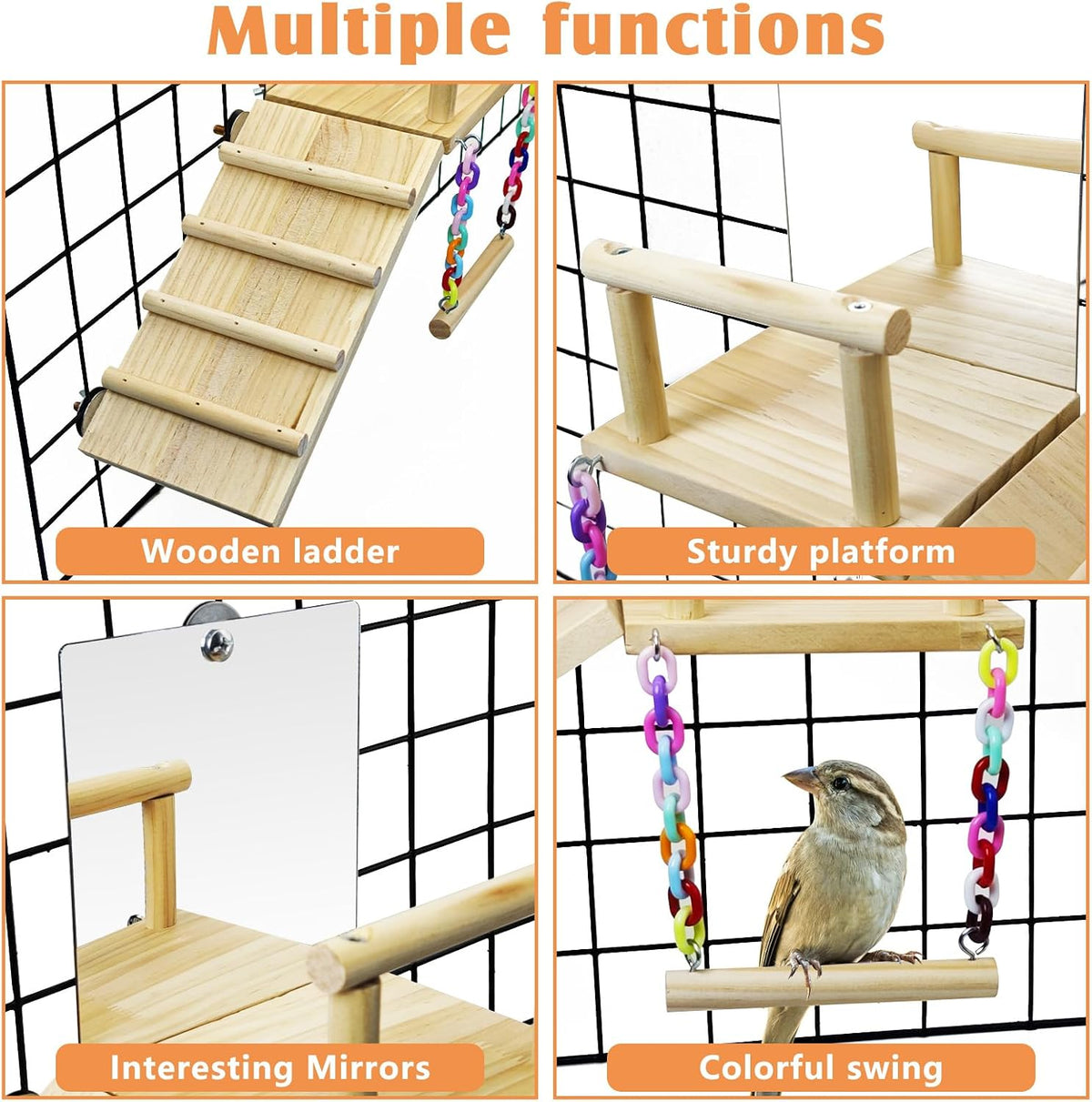 BNOSDM Bird Perch Platform with Mirror, Wooden Climbing Ladder for Parakeet, Small Bird Swing Toys Parrot Cage Accessories Budgie Playground for Cockatiel, Lovebirds, Conures, Finch