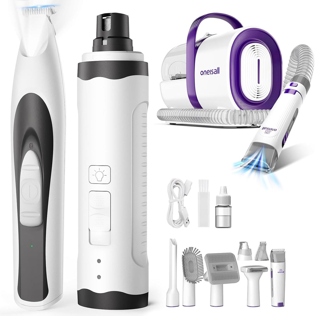 oneisall Dog Grooming Vacuum&oneisall Quiet Pet Trimmer for Paws Dog Nail Grinder Paw Trimmer with 2 LED Lights