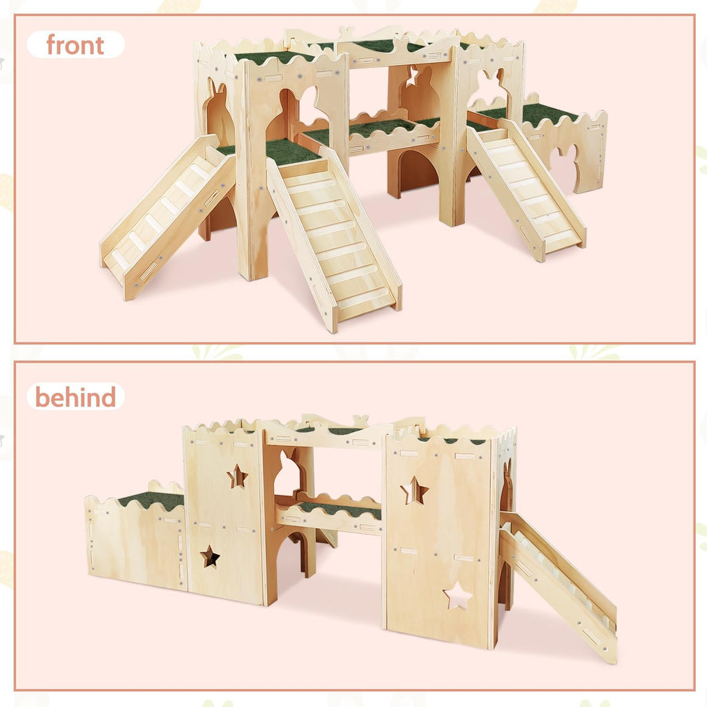 Extra Large Wooden Rabbit Castle Hideaway Tunnel and Bed Small Animal Hideaway Hut Solid Safe Construction Play Hideaway Hut for Rabbit Guinea Pig Chinchilla