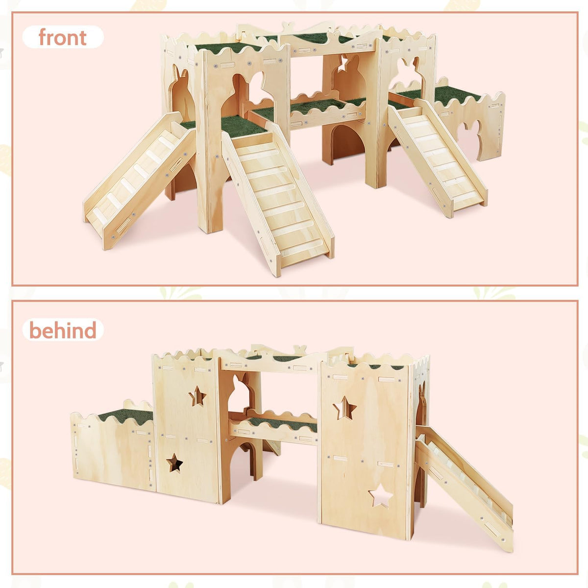 Extra Large Wooden Rabbit Castle Hideaway Tunnel and Bed Small Animal Hideaway Hut Solid Safe Construction Play Hideaway Hut for Rabbit Guinea Pig Chinchilla