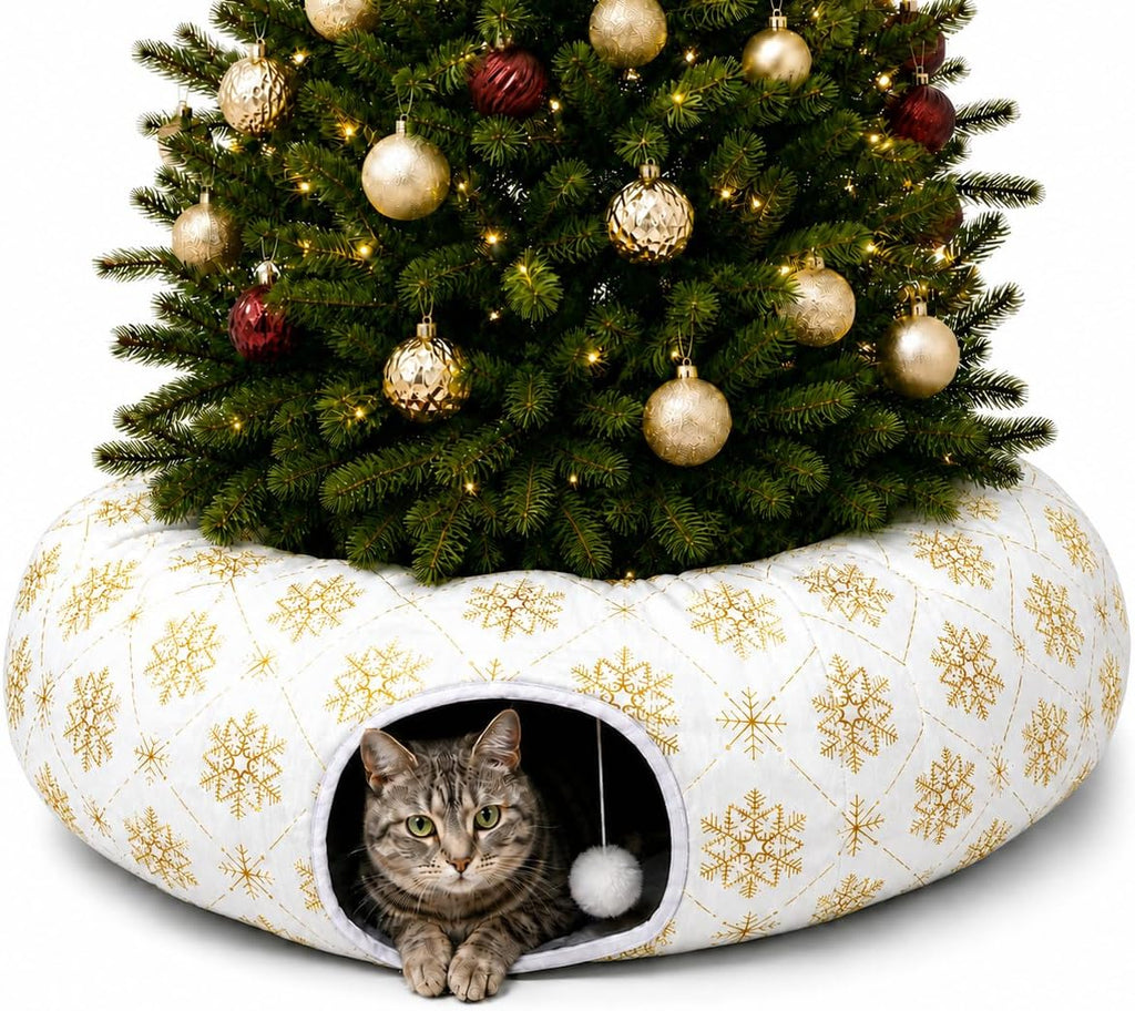 Plush Cat Tunnel Bed, Snowflake Pattern, White