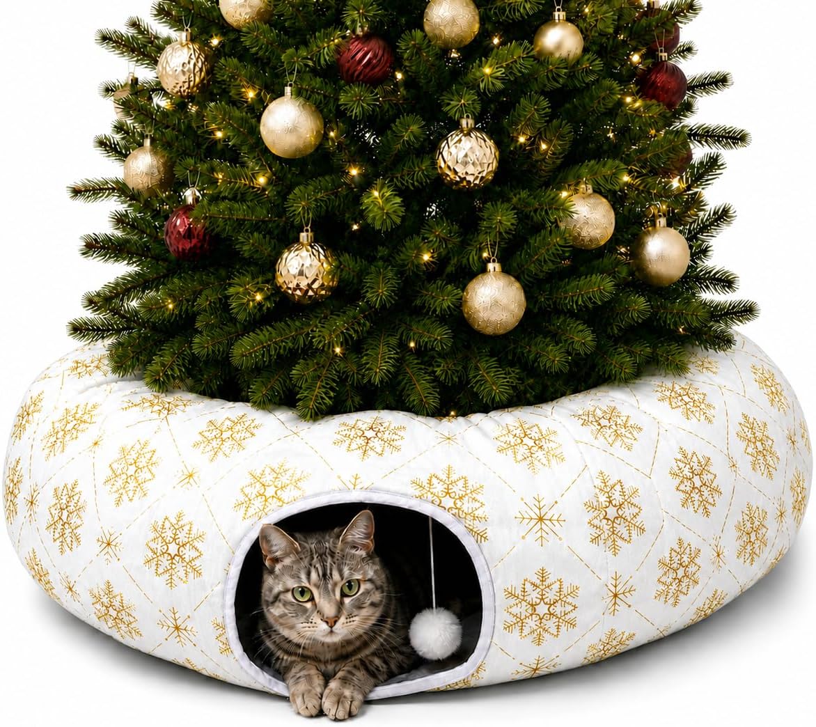 Plush Cat Tunnel Bed, Snowflake Pattern, White