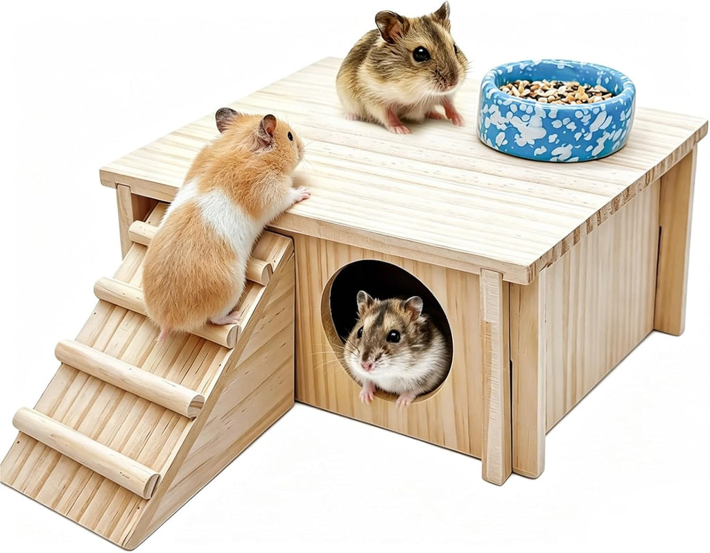 Wooden Hamster Hideout,Multi-Chamber Hide House with Bowl & Tent