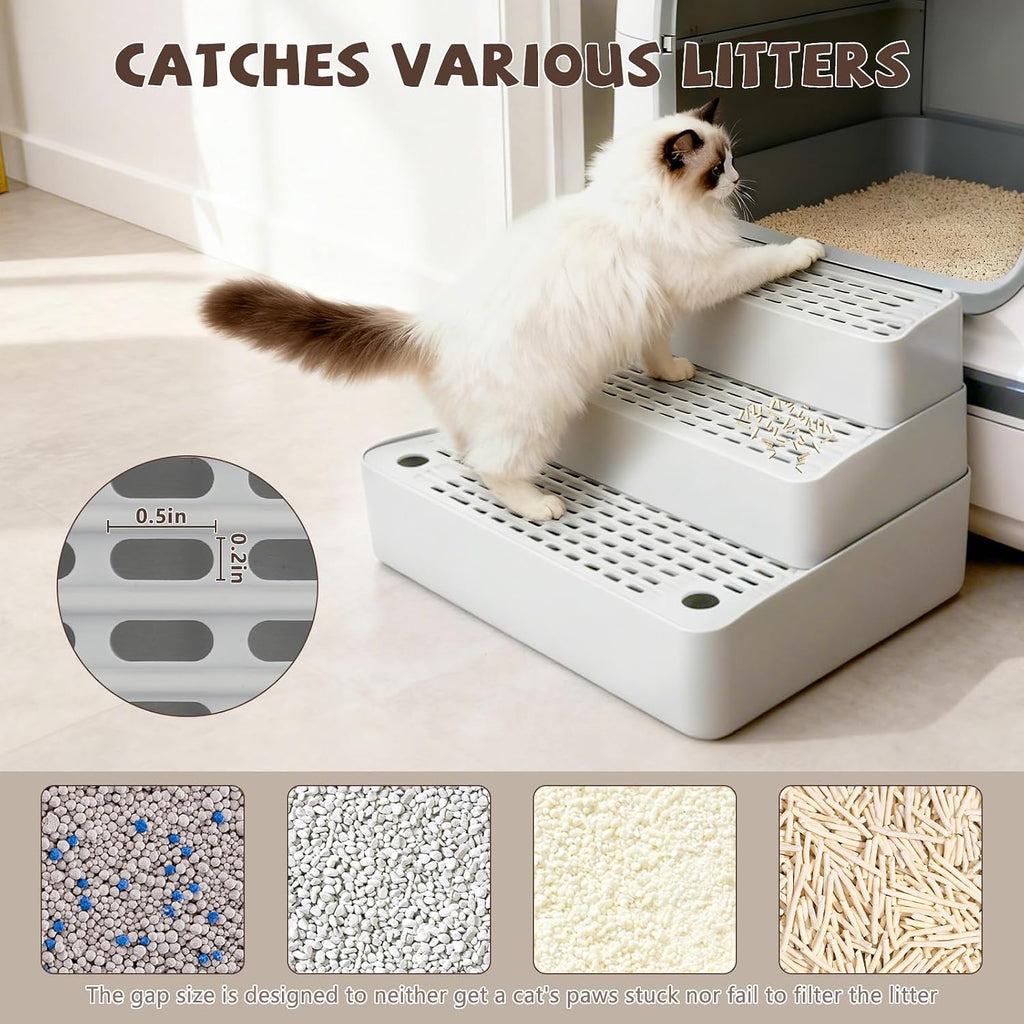 Adjustable 3-Step Cat Ramp for Litter Box, Litter Trapper, Grey