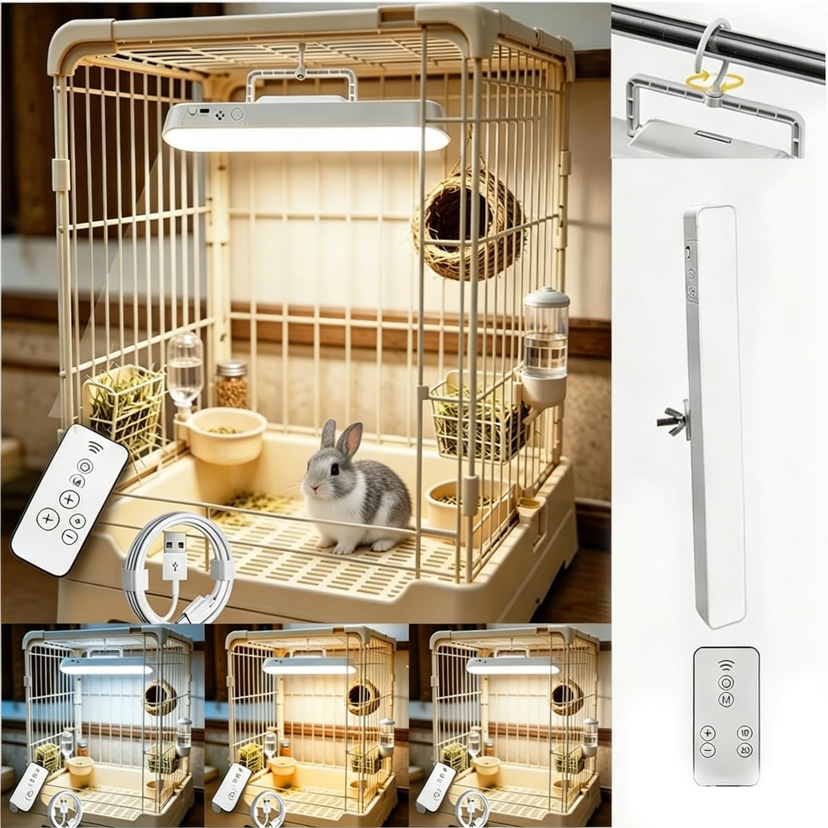 Rabbit Cage Light, Dimmable Rabbit Cage Lamp with Timer, 3 Color Temperatures for Bunny Hamster Guinea Pig