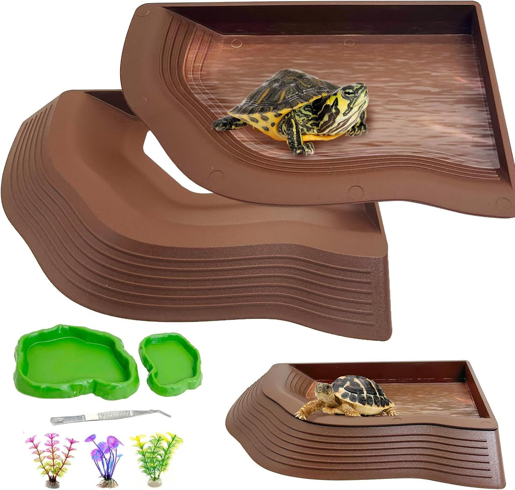 Reptile Water Dish with Ramp Turtle Bathing Pool 7 Pcs Feeding Bowl