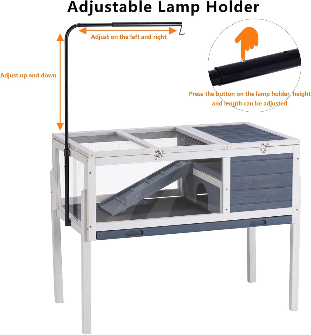 BIRASIL Wood Tortoise Enclosure with Adjustable Light Stand,2-Tier Habitat Reptile Cage with Swimming Area Feeding Area, Tortoises House for Small Animals Lizards Hamster (Gray/White)