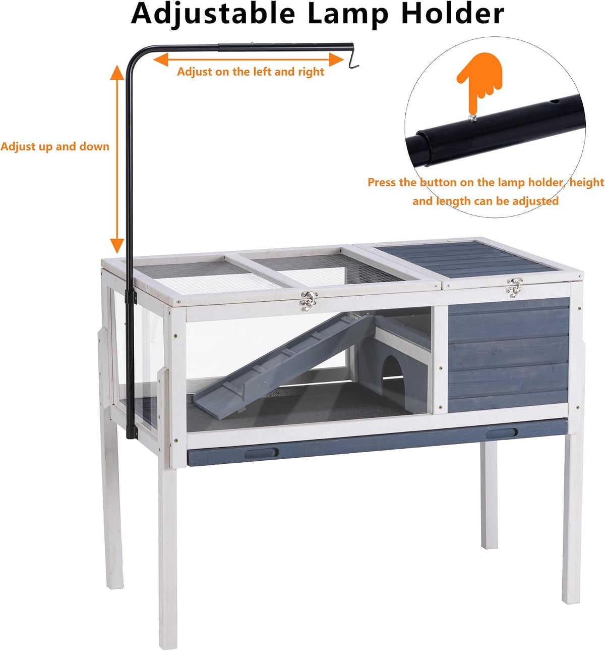 BIRASIL Wood Tortoise Enclosure with Adjustable Light Stand,2-Tier Habitat Reptile Cage with Swimming Area Feeding Area, Tortoises House for Small Animals Lizards Hamster (Gray/White)