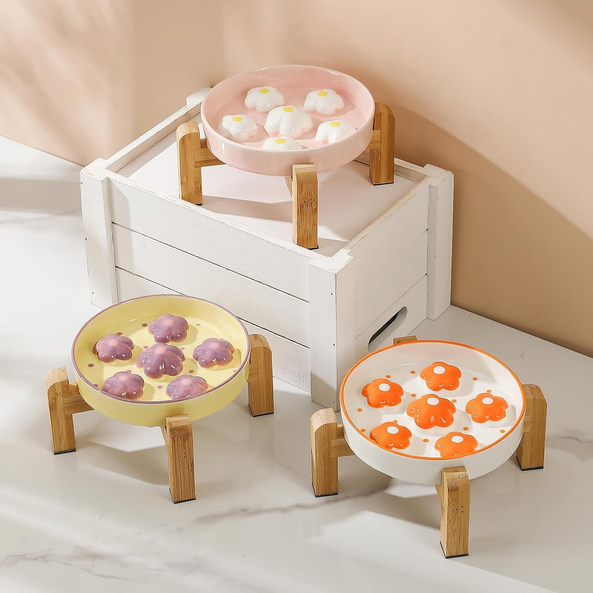 Elevated Ceramic Slow Feeder Cat Bowl with Anti-Slip Bamboo Stand