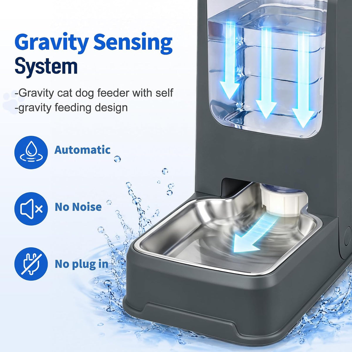 Automatic Cat Feeder and Water Dispenser Set with Dog Stainless Steel Feed Bowl Pet Gravity Self Feeding and Waterer Large Capacity for Small Medium Large Dogs Puppy Kitten 2 Pack Grey