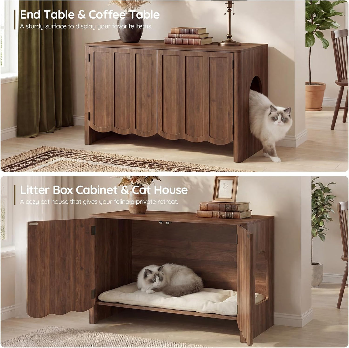 HOOBRO Cat Litter Box Enclosure, 31.5" Hidden Litter Box Furniture with Wavy Panels & Side Entry, Push-to-Open Doors, Litter Box Cabinet, Living Room End Side Table, Walnut WL27MW01