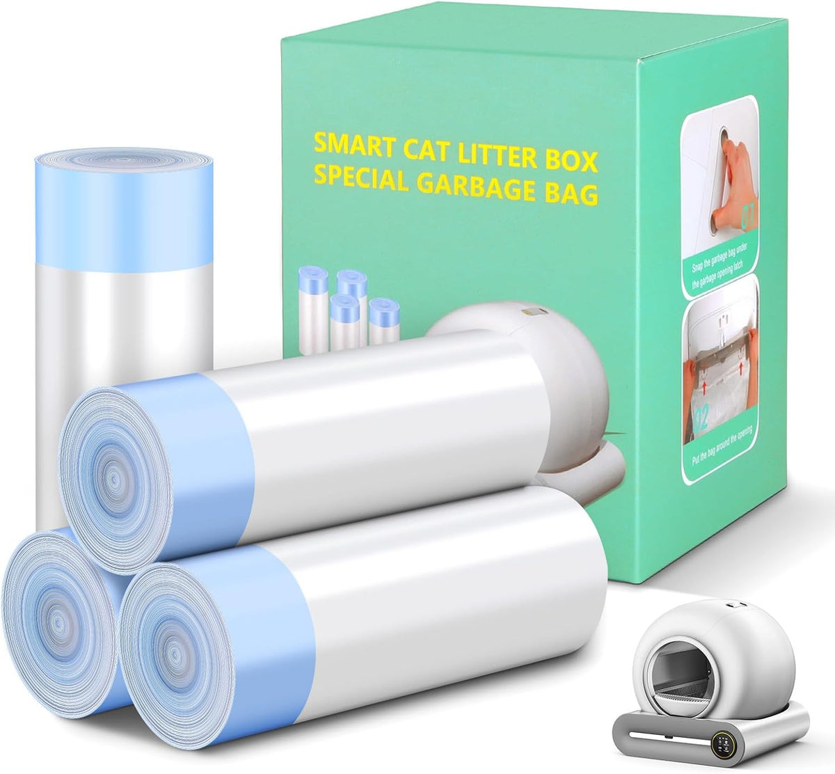 80 Count Cat Litter Bags, Self Cleaning Litter Box Liners, 18.2 x 18.2 inches Replacement Drawstring Bags Fit for Automatic Robot Box (80 Counts/4 Rolls）