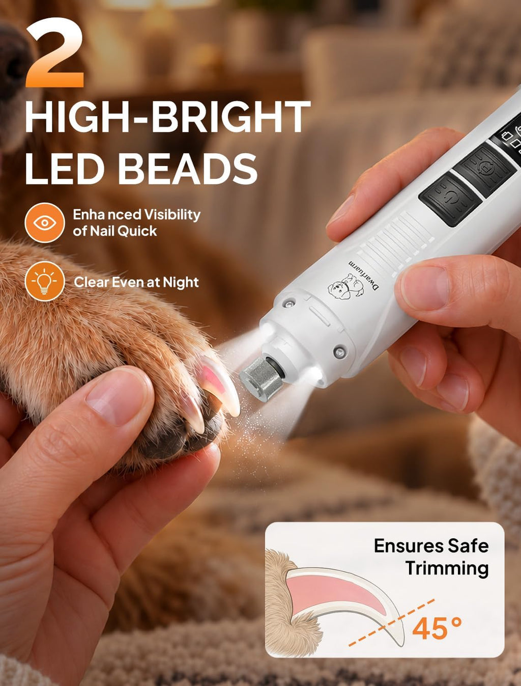 Dog Nail Grinder, 4 Adjustable Speeds, 2 LED Lights, Quiet & Low Vibration