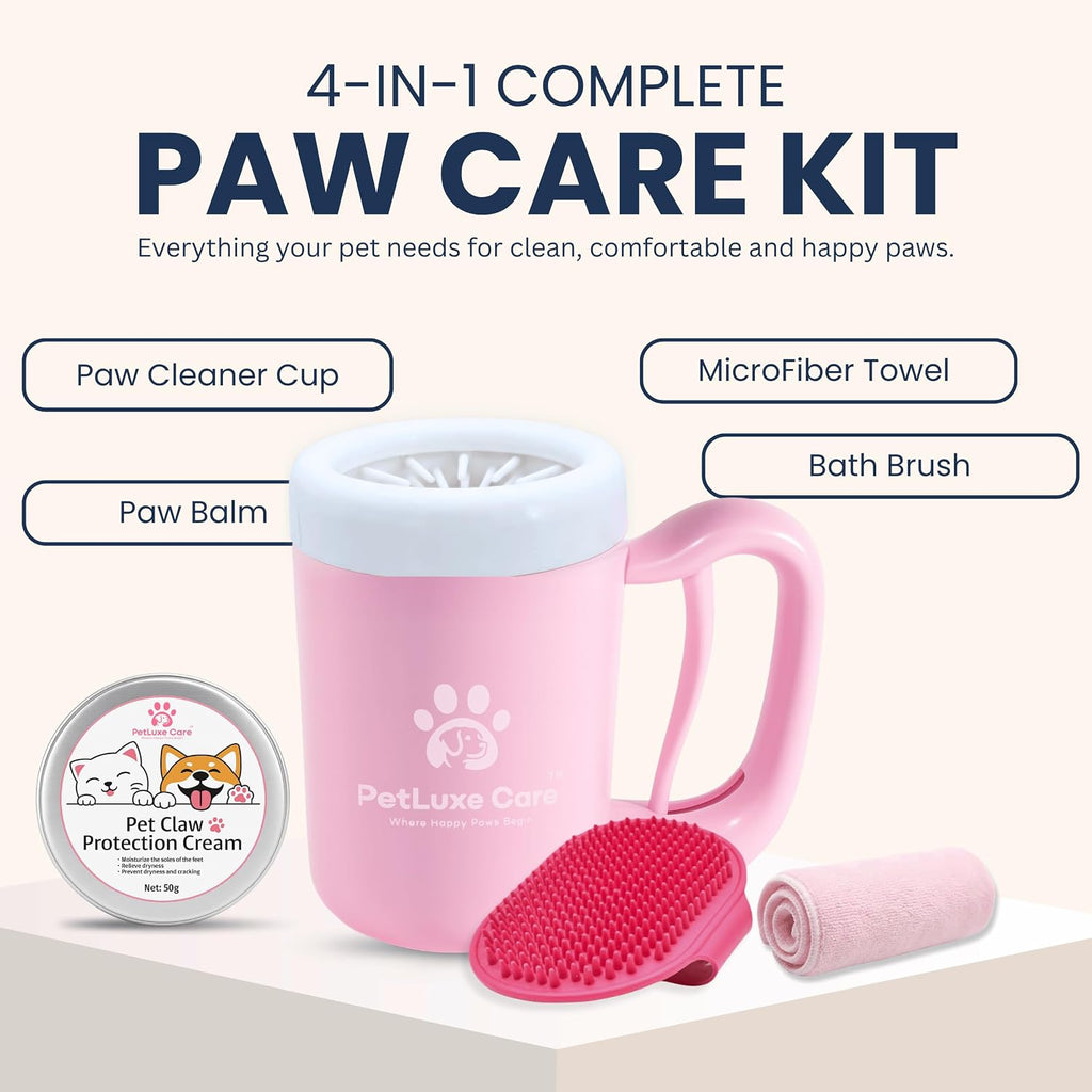 Dog Paw Cleaner, Paw Washer Cup with Soft Silicone Bristles, Portable Dog Foot Washer, 4-in-1 Paw Cleaner Kit with Paw Balm, Microfiber Towel & Grooming Brush (Pink Medium)