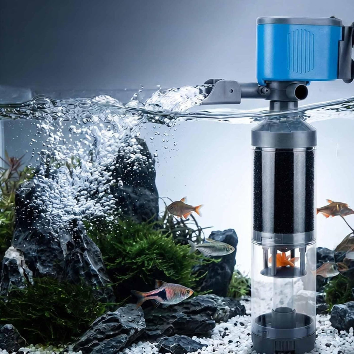 25W 5-in-1 Aquarium Pump w/Replaceable Sponge Filter Cartridge, 475.5 GPH, 3.3 FT Head, Oxygenates Supply,Filters & Purifies Water,Boosts Circulation,Removes Fish Waste,Water Changes, Clear Tanks