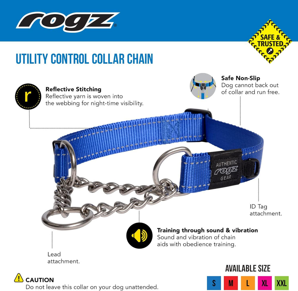 Rogz Utility Large 3/4-Inch Reflective Fanbelt Obedience Half-Check Dog Collar, Blue