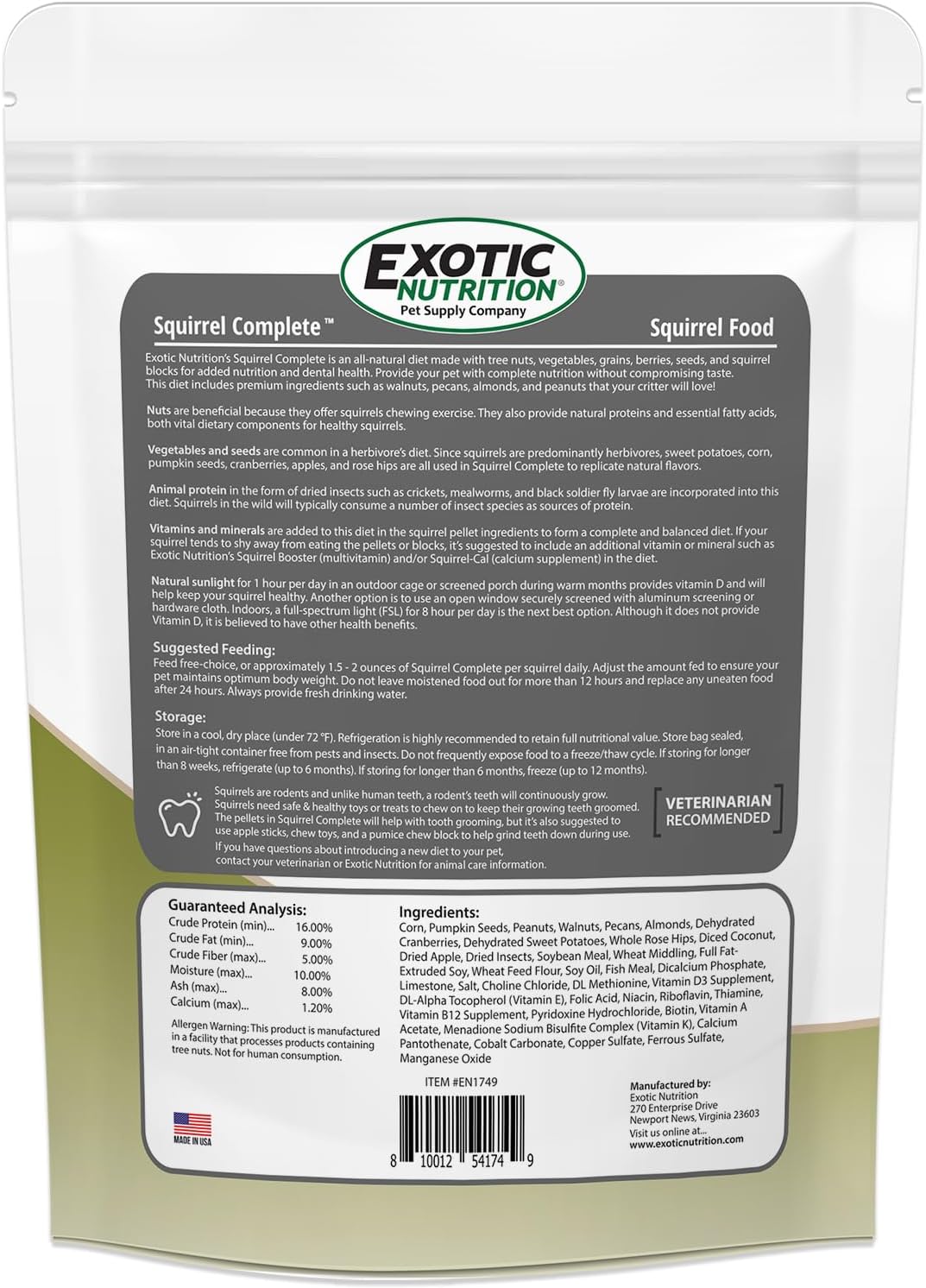 Exotic Nutrition Squirrel Complete (1.75 lb.) - Healthy Natural Food - Nutritional Diet for Pet & Captive Squirrels - Ground, Grey, Flying Squirrels, & Chipmunks