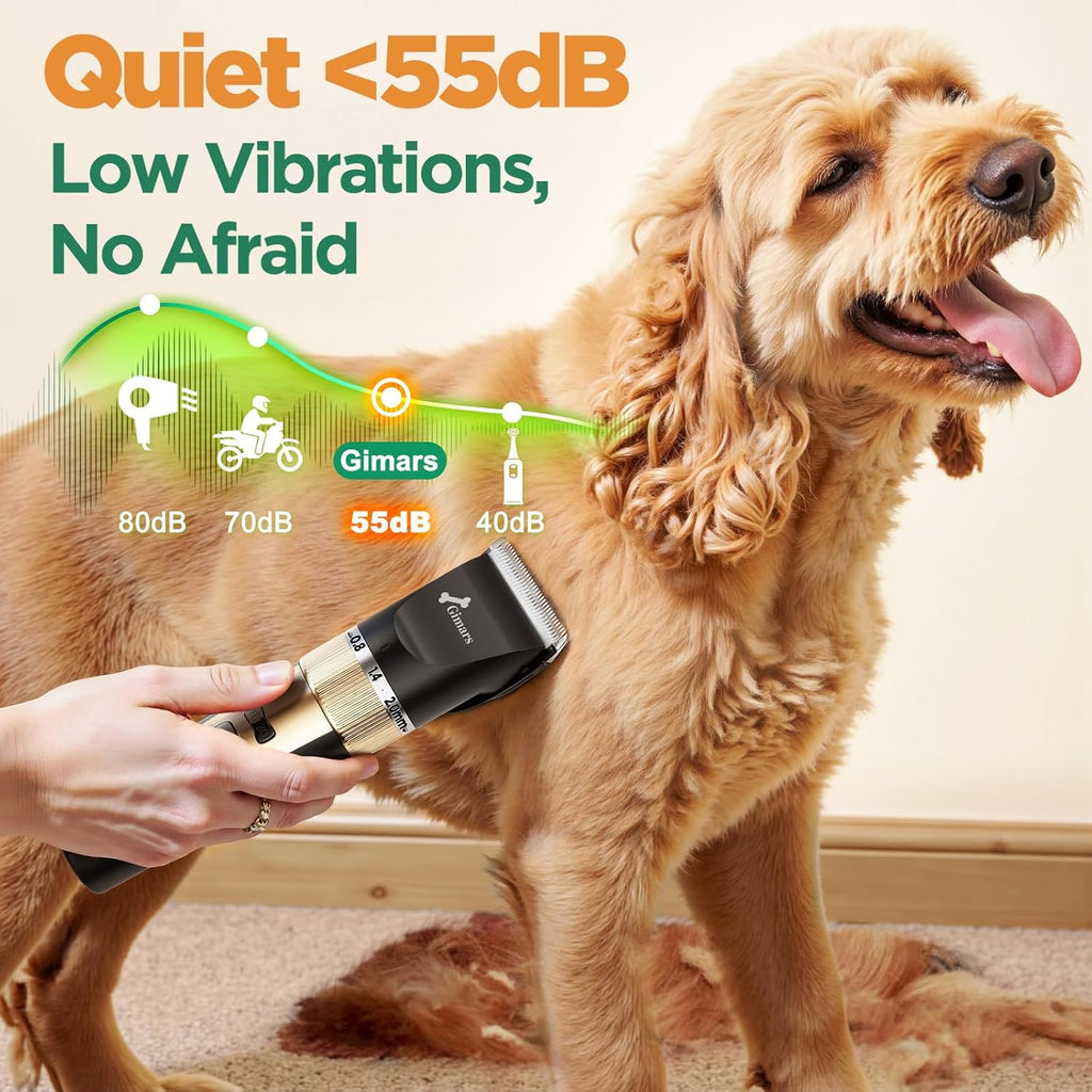 Gimars Cordless 4 Speed 7000rpm Dog Clippers with 6 in 1 4CR Stainless Steel Dog Grooming Scissors Kits, Low Noise 55db Rechargeable Pet Hair Thick Coat Trimmer Cat Shaver Clippers Kit for Cat Pet