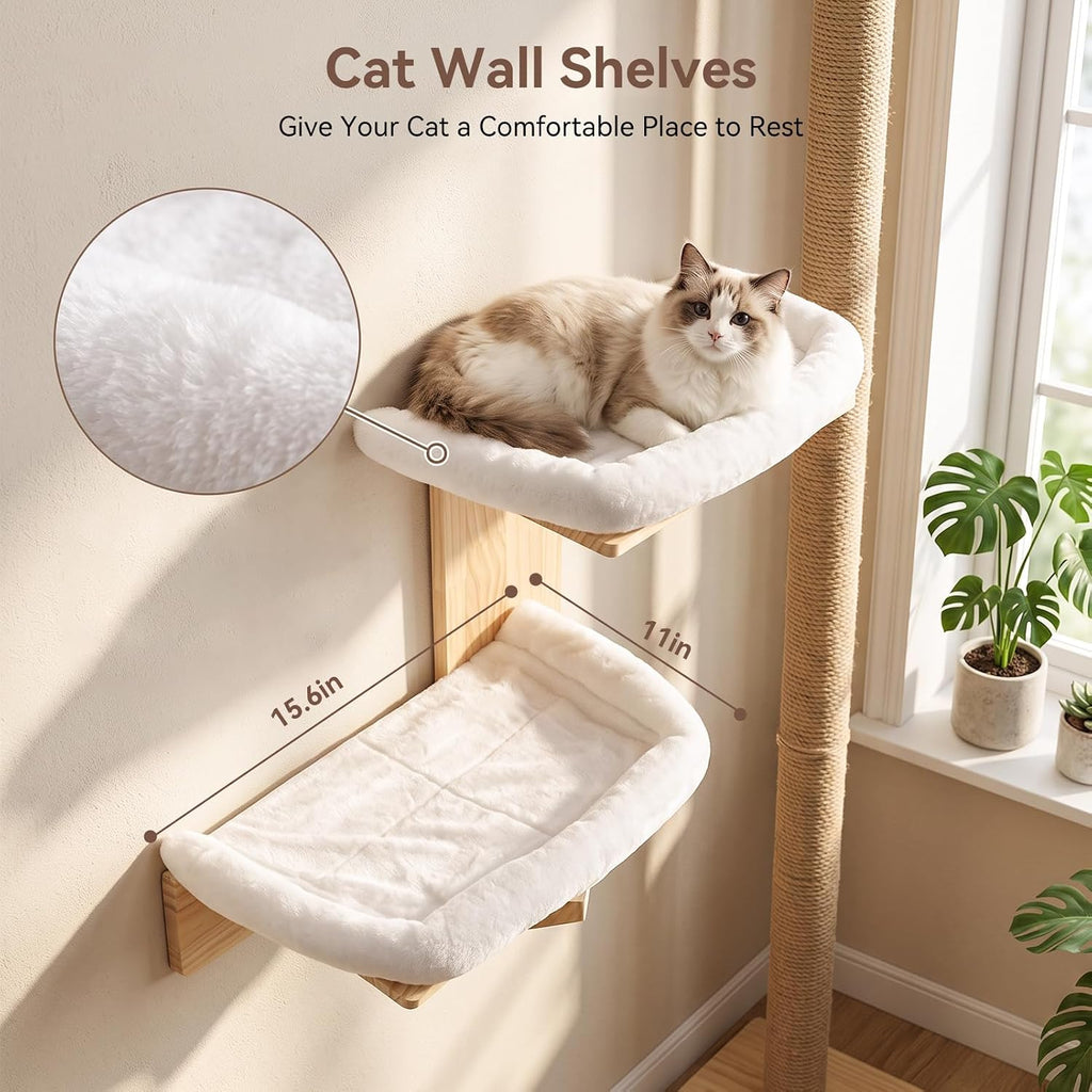 Gugxiom 2 Platform Cat Wall Shelves, 21.2 * 29.5" Wall Mounted Cat Shelves | Pine Wood Wall Mounted Cat Shelves, with Soft Cushion, for Climb/Play/Nap