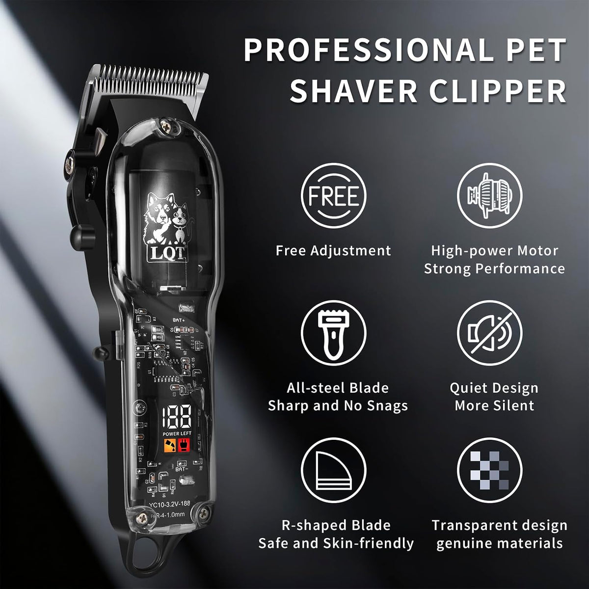 LQTⓇ Pet Electric Trimmer, Transparent Edition, Quiet Design, Wireless USB Charging, LED Digital Display. Suitable for Pets with Thick Coats.
