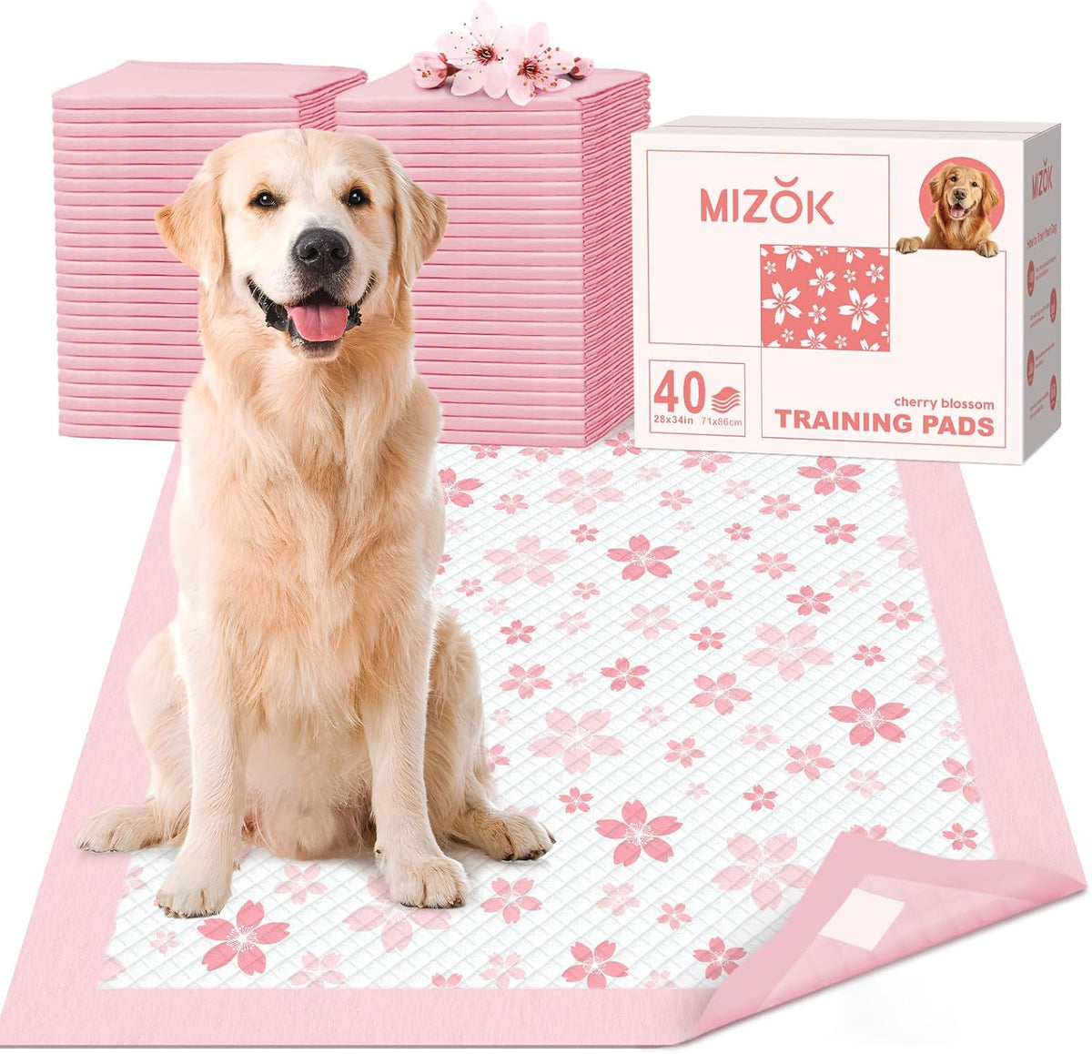 MIZOK Pink Puppy Pads with Adhesive Tabs Disposable No Leak XL 28x34in 40Ct