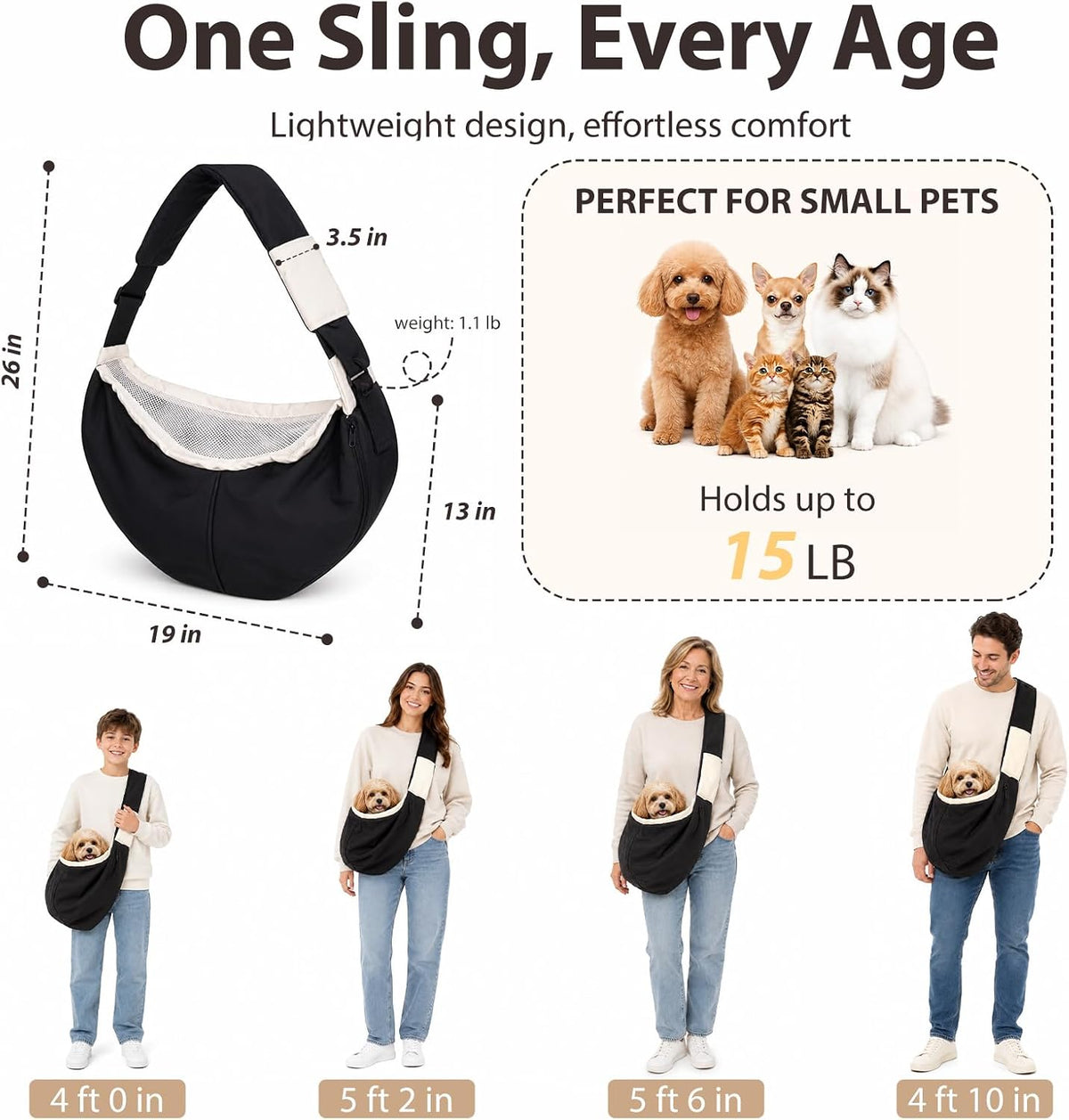 Dog Sling Carrier for Small Dogs and Cats Up to 15 lbs, Hands Free Pet Carrier with Adjustable Strap, Breathable Mesh Lining, Storage Pockets, Puppy Carrier Bag for Travel, Walking & Shopping (Black)