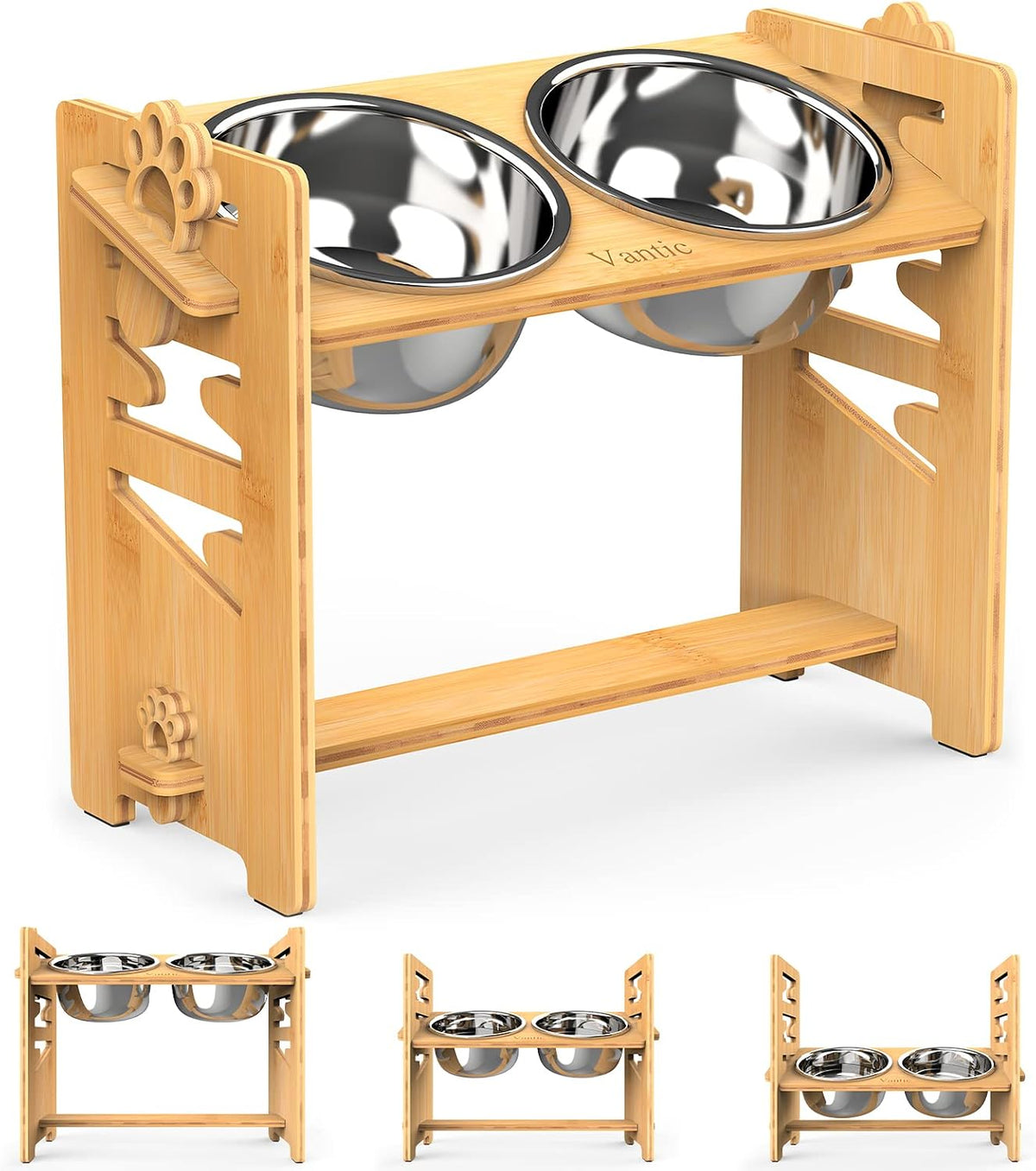 Vantic Elevated Dog Bowls, Raised Dog Bowl Stand Adjustable Small, Natural