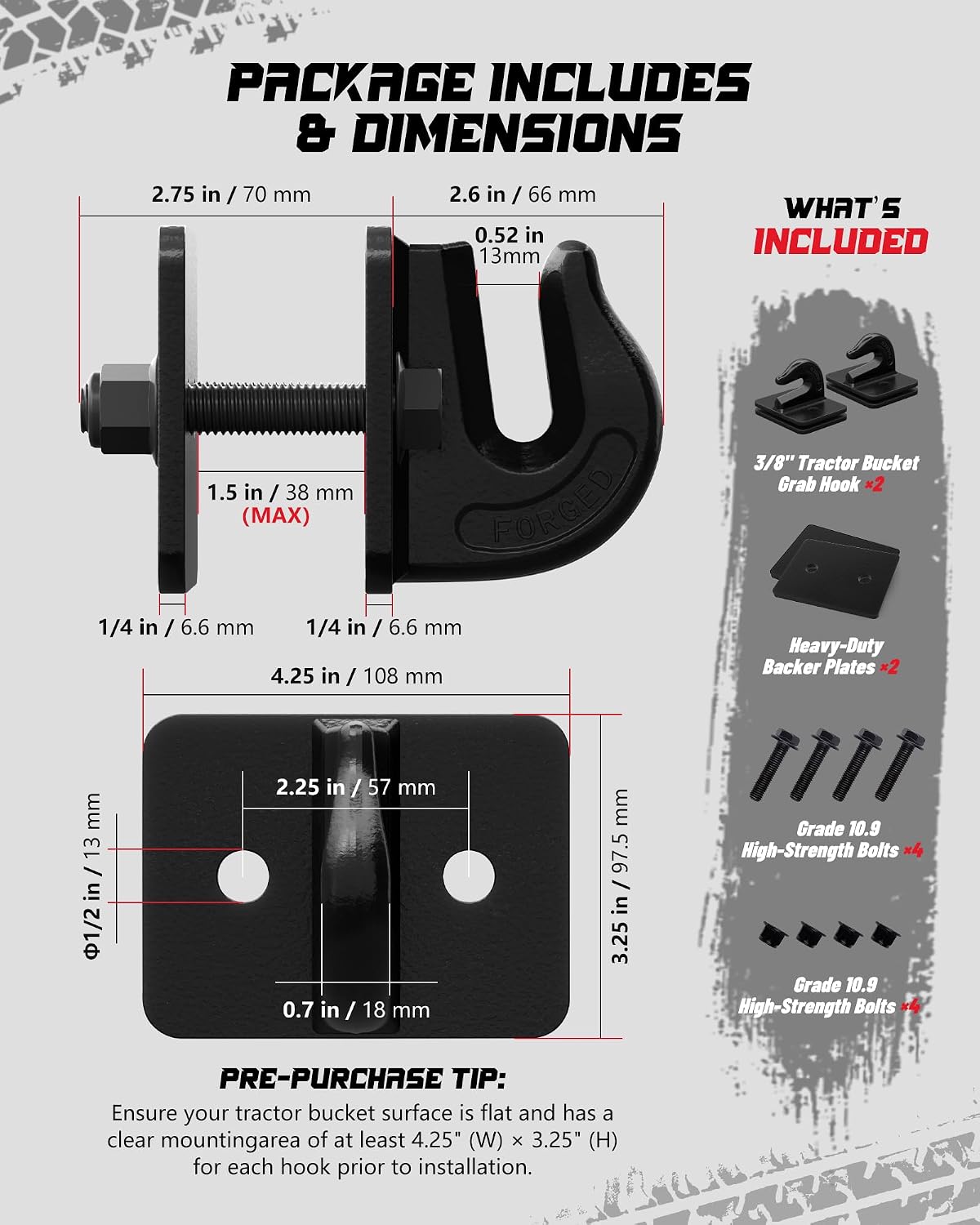 Tractor Bucket Grab Hook Grade 70 Forged Steel Bolt On Grab Hook 3/8" Tow Hook Mount with Backer Plate, Work Well for Tractor Bucket, RV, UTV, Truck, Max 15,000 lbs, 2 Pack, Black