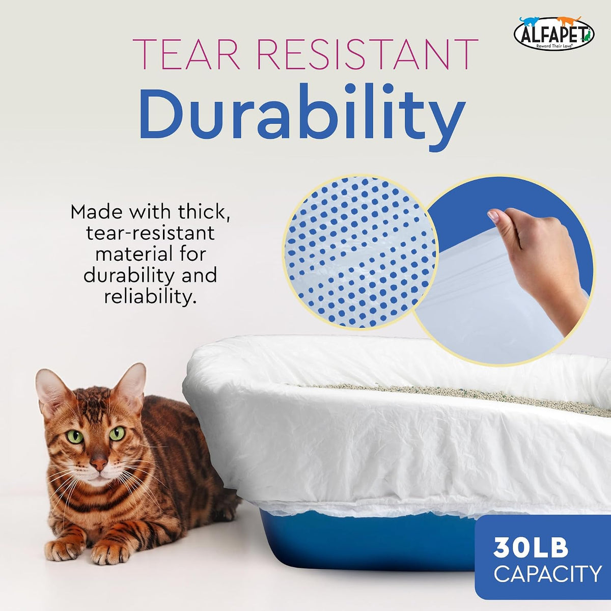 Alfapet Sifting Cat Litter Box Liners - Jumbo 30 Count, Tear-Resistant Cat Litter Bags, Waterproof Kitty Litter Liners, Fits Litterbox Pan Sizes X-Large, X-Giant, 37" x 18" 30 lb Capacity