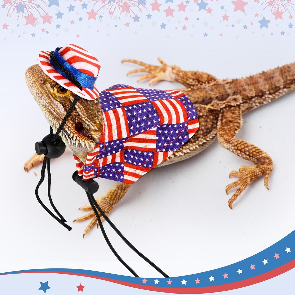8 Pcs Independence Day Bearded Dragon Costume 4th of July Guinea Pig Hat and Cloak Adjustable Lizard Bandanas American Flag Cap for Small Animals Lizards Bearded Dragons