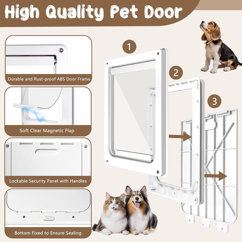 Never Rust Plastic Dog Door with Soft Clear Magnetic Flap and Snap-in Closing Panel, 12x14'' 2-Way Locking Pet Door for Doors and Walls up to 2.17'' Thick, Weatherproof Cat Door, Easy to Install (S)