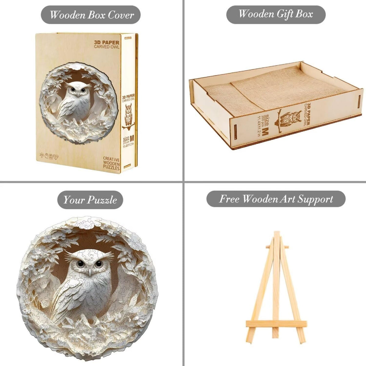 Wooden Puzzles Adults 300 Pieces, White Owl Animal Shaped Wood Puzzle with Unique 3D Paper Carved Effect, Challenging Jigsaw Puzzles, Christmas Birthday Gifts for Women Mom, Wall Decor13.3in