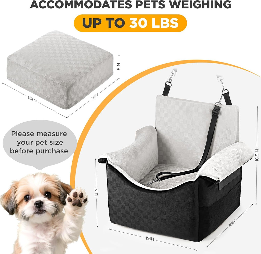 Elevated Dog Car Seat for Small Medium Dogs Under 30 lbs, Memory Foam Elevated Booster Seat with Headrests Support, Travel-Safe Car Bed with Detachable Washable Cover & Safety Belt