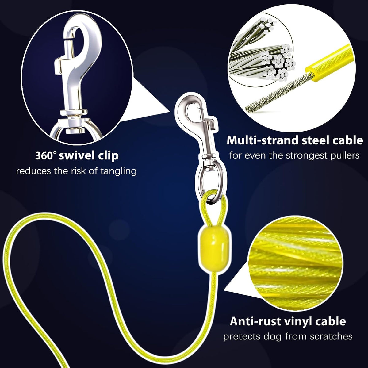 Dog Tie Out Cable and Stake 360° No Tangle Heavy Spiral Yard Stake and Retractable Dog Leash for Dogs Up to 10-90 lbs, 30ft Dog Chain for Outside Yard Camping Park (Black)