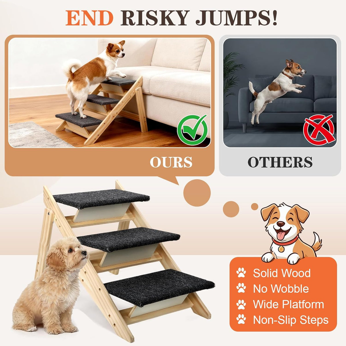Dog Ramp,2-in-1 Foldable Pet Stairs for High Beds, 3 Steps Dog Steps
