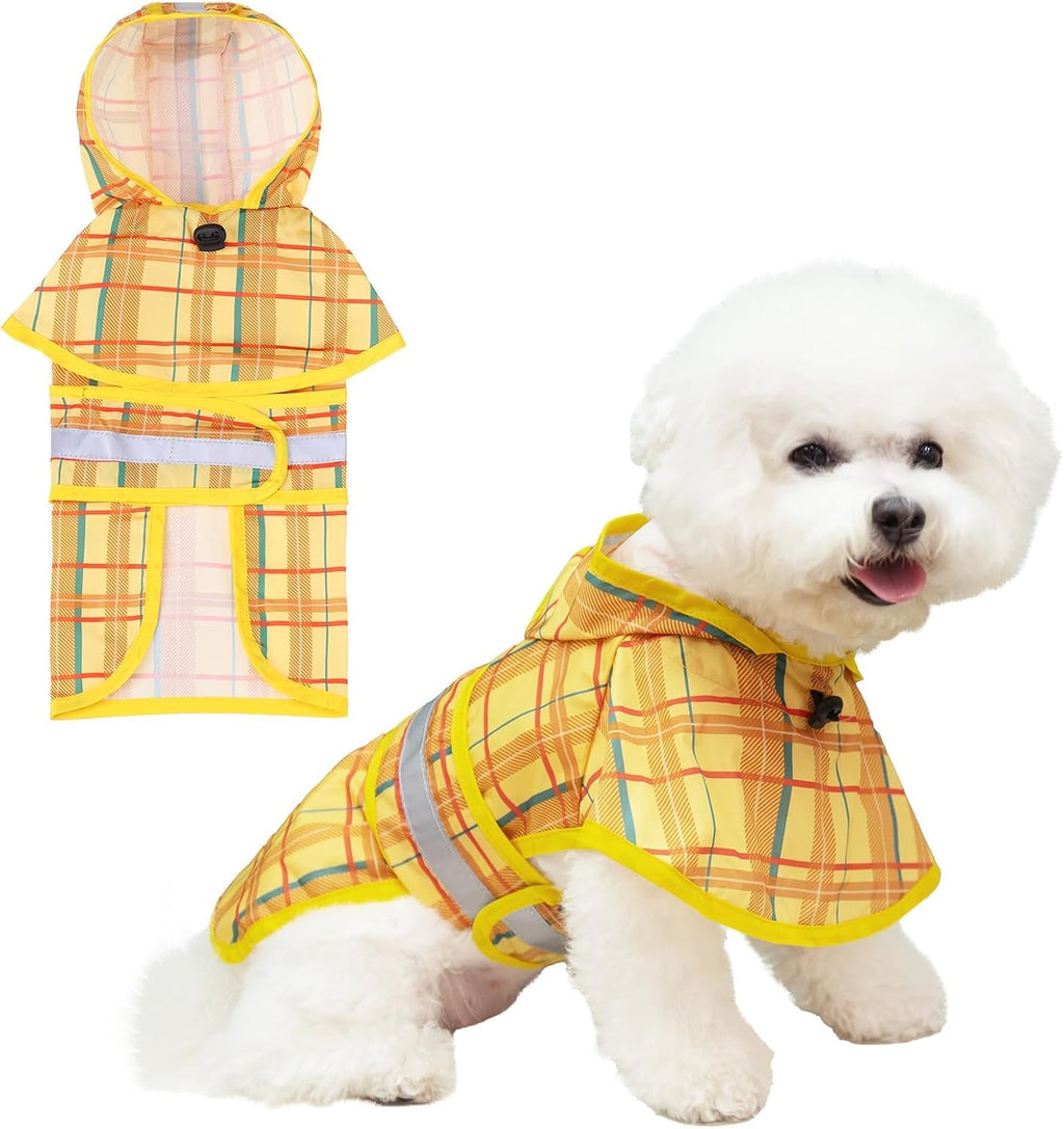 KOOLTAIL Dog Raincoat Hooded Slicker Poncho with Leash Hole, Raincoat for Small Medium Dogs, Waterproof Doggie Rain Jacket with Reflective Strip, Adjustable Breathable Plaid Puppy Rainwear-Beige XS