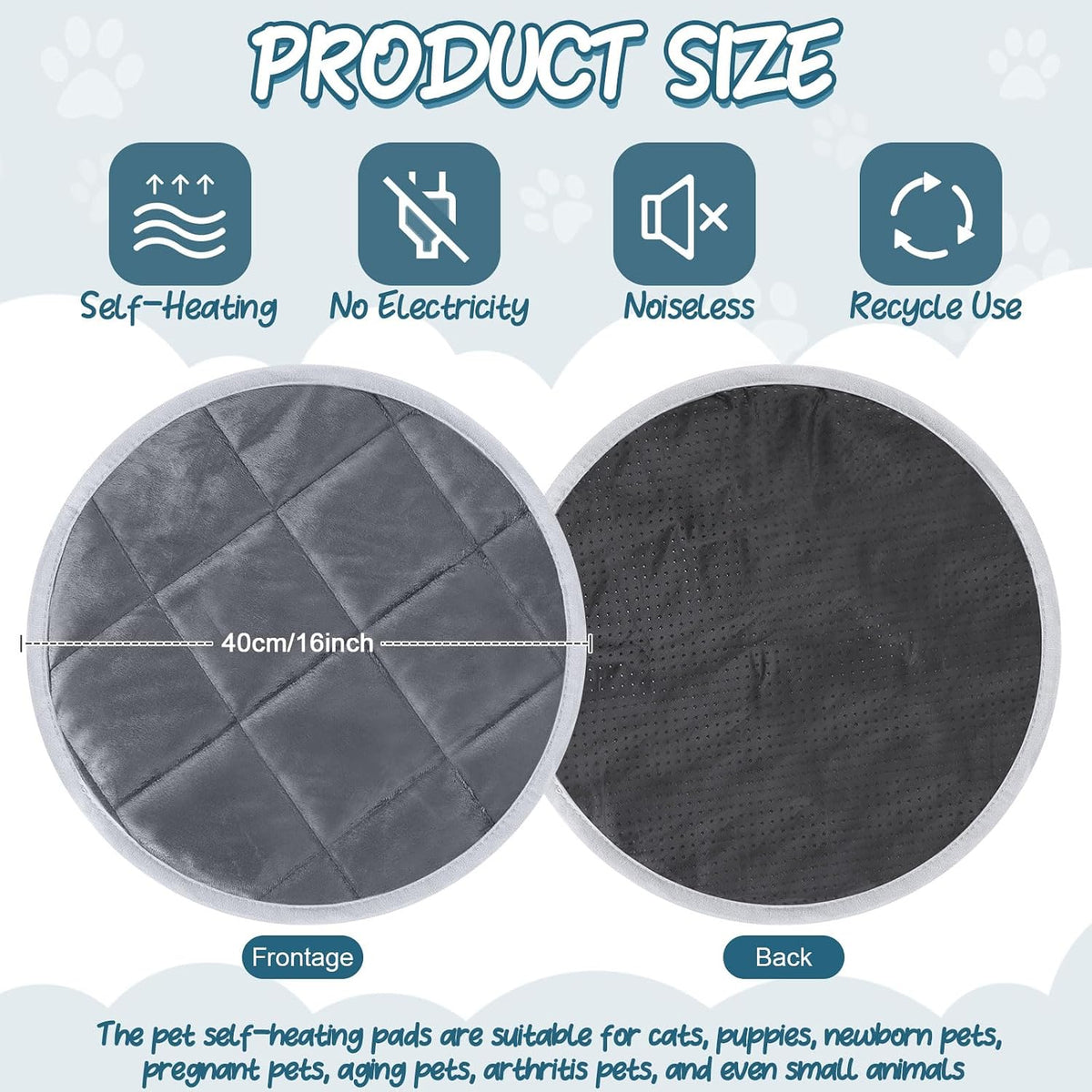 Drydiet 2 Pcs Self Warming Cat Mat Round for Cats, Gray, 16 Inch