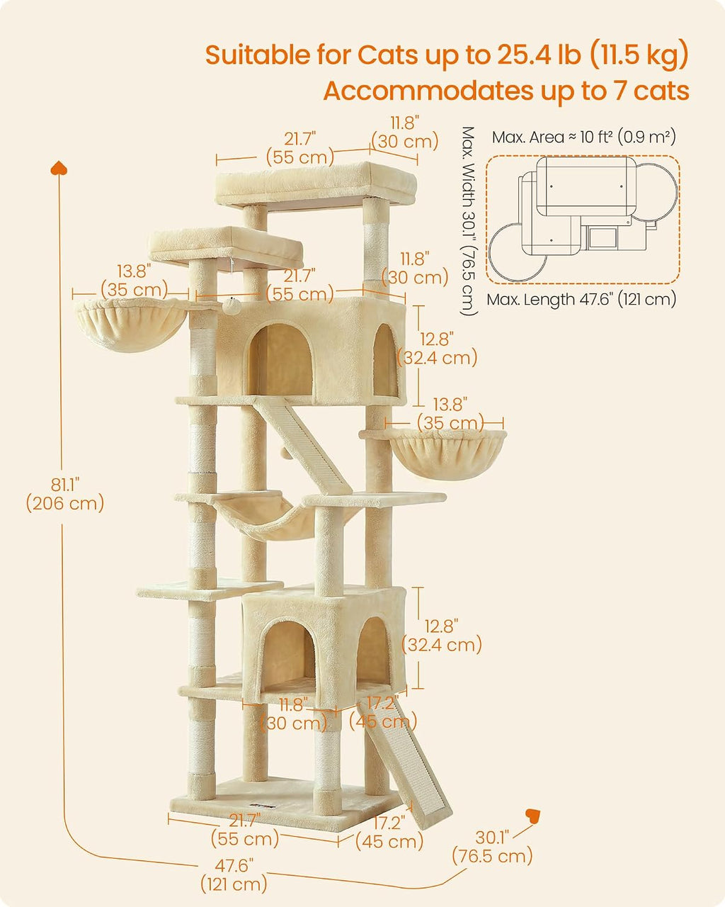 Feandrea Large Cat Tree, 81.1" Tall Sturdy Cat Tower for Indoor, Beige