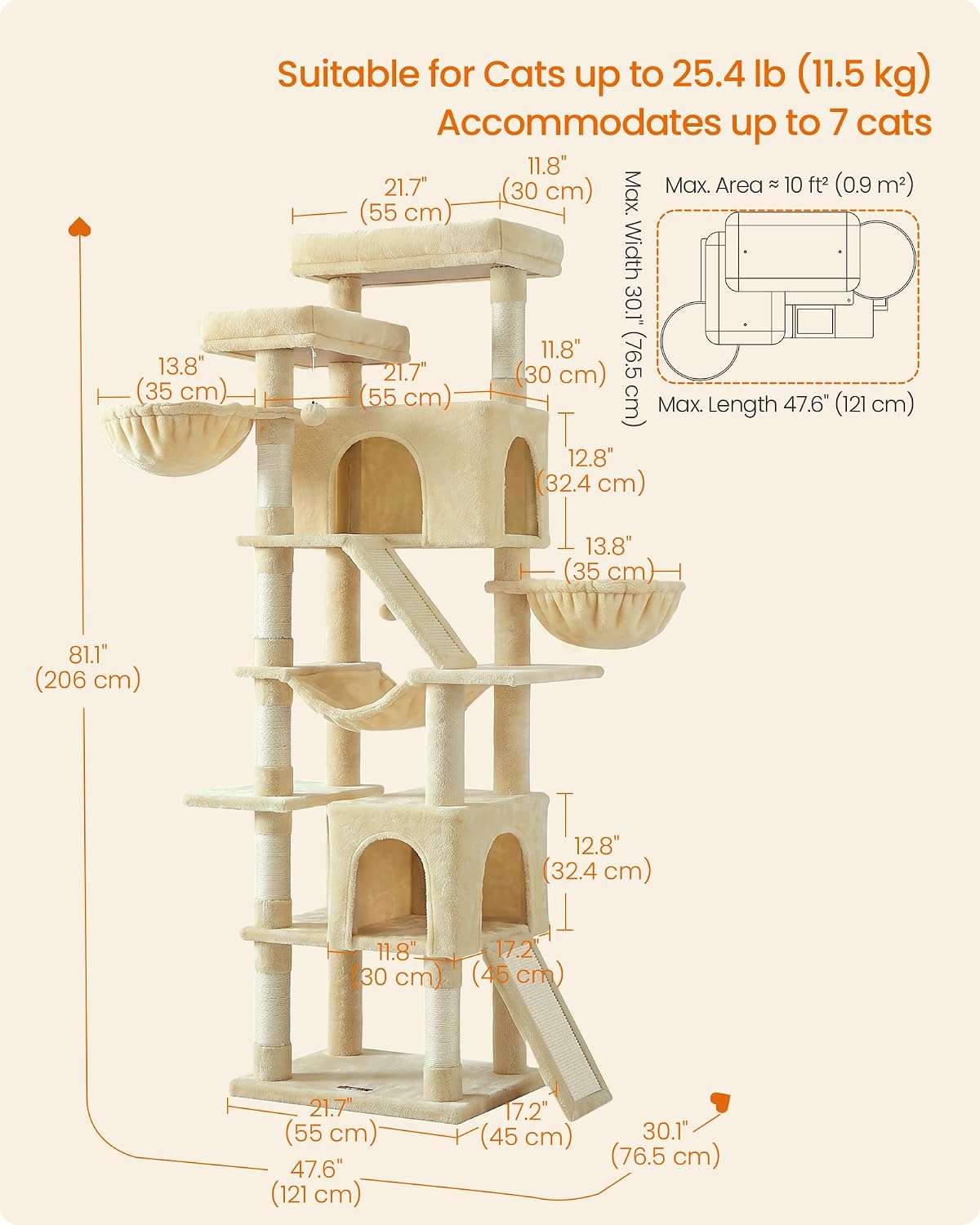 Feandrea Large Cat Tree, 81.1" Tall Sturdy Cat Tower for Indoor, Beige