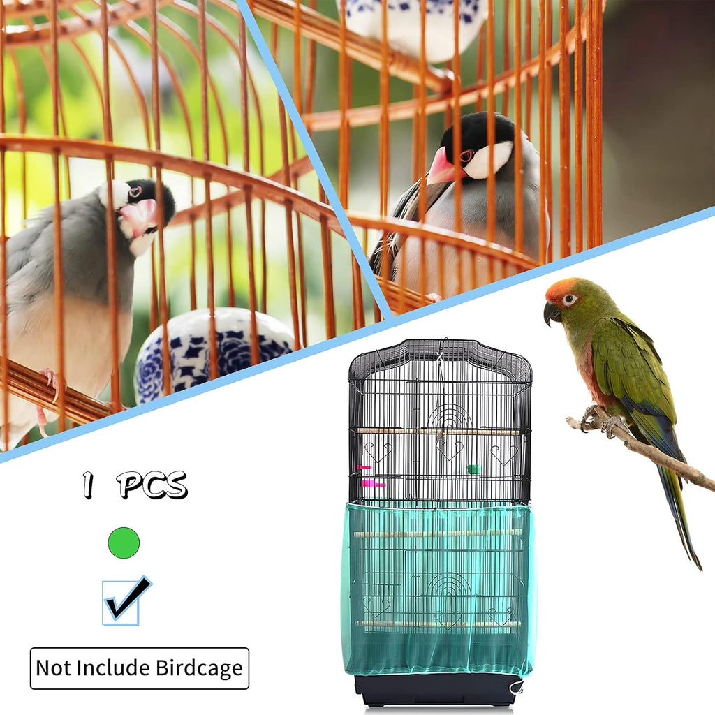 Daoeny Universal Bird Cage Cover, Adjustable Seed Feather Catcher, Soft Airy Nylon Mesh Parrot Net, Birdcage Cover Skirt Sheer Guard for Round Square Cages (Green)