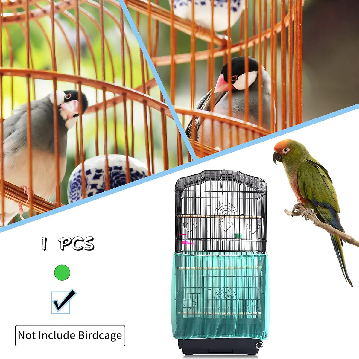 Daoeny Universal Bird Cage Cover, Adjustable Seed Feather Catcher, Soft Airy Nylon Mesh Parrot Net, Birdcage Cover Skirt Sheer Guard for Round Square Cages (Green)