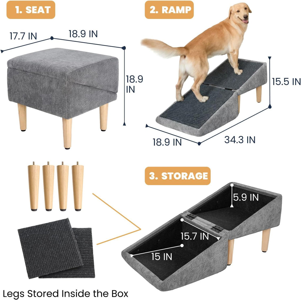 Dog Ramp Ottoman for Couch and Bed, Extra-Wide Platform with Storage